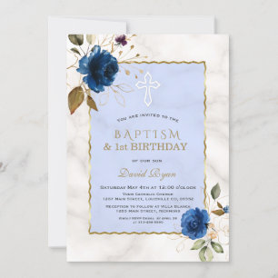 Invitation Bleu or Marbre Floral 1er Anniversaire & Baptême