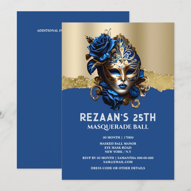 Invitation Bleu or mascarade rose élégant glamour girly (Devant / Derrière)