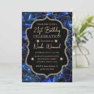 Invitation Bleu & Or Minuit Cristal Galaxie 21e Anniversaire