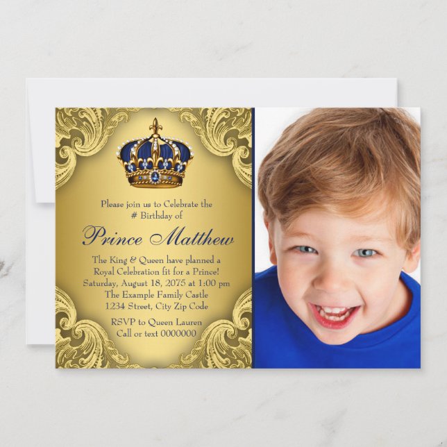 Invitation Bleu or Prince héritier fête d'anniversaire (Devant)