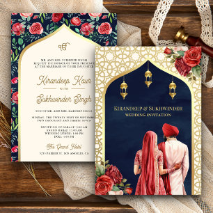 Invitation Bleu Or Rose Rouge Floral Anand Karaj Mariage Sikh