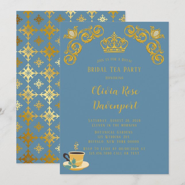 Invitation Bleu & Or Royal Couronne Damask Bride Tea Party (Devant / Derrière)