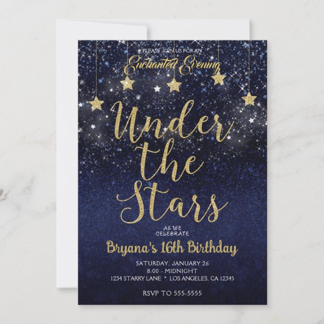 Invitation Bleu Or Sous Les Étoiles Starry Night Sweet 16 (Devant)