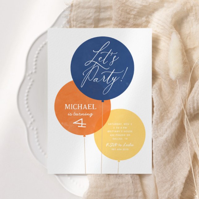 Invitation Bleu orange Aquarelle Balloon Garçon fête d'annive (Créateur téléchargé)