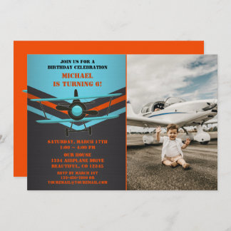 Invitation Bleu, Orange Avion Avion Biplane Anniversaire