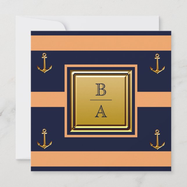 Invitation Bleu orange de la marine marine Ancre Mariage I (Devant)