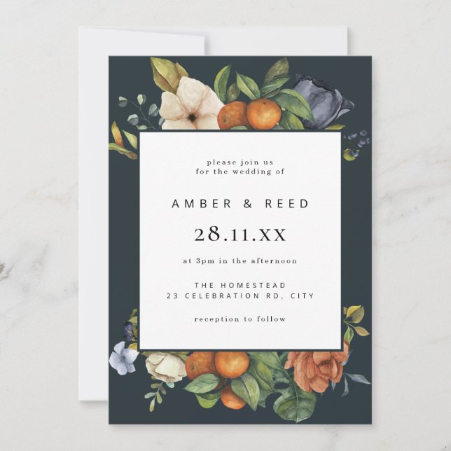 Invitation Bleu Orange Été Floral Botanique Mariage Boho (Devant)