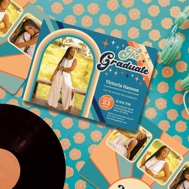 Invitation Bleu Orange Typographie Été Soleil Graduation (Créateur téléchargé)