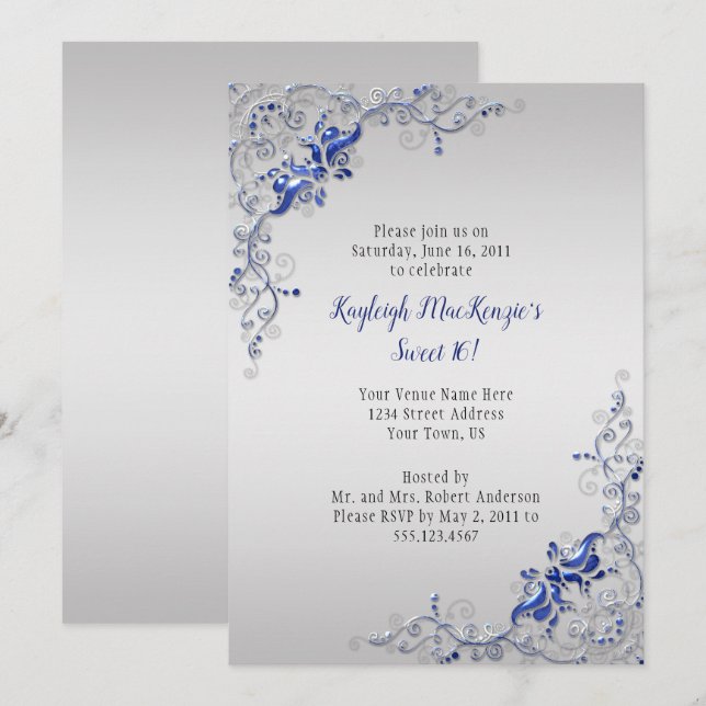 Invitation Bleu Ornat Fils d'argent sur Silver Sweet 16 (Devant / Derrière)