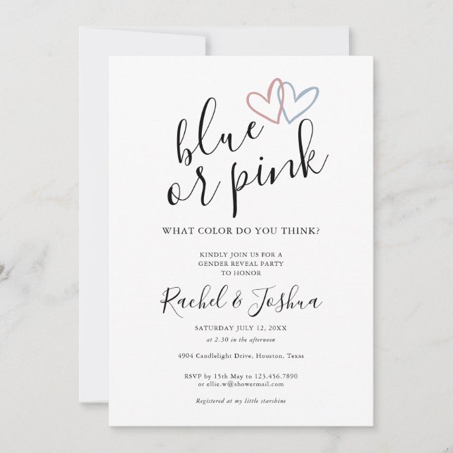 Invitation Bleu Ou Rose Coeurs D'Amour Genre Fête De Révélati (Devant)