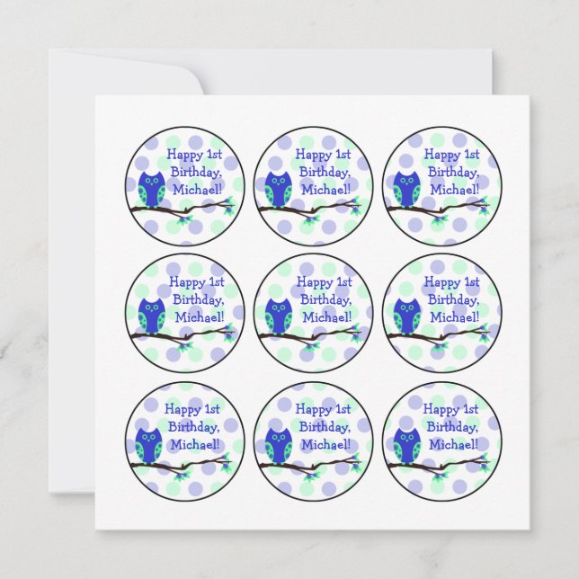 Invitation Bleu Owl 1er Birthday Cupcake Toppers (Devant)