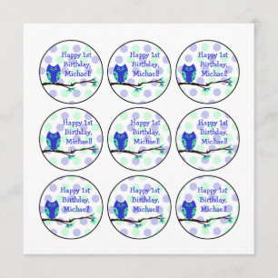 Invitation Bleu Owl 1er Birthday Cupcake Toppers