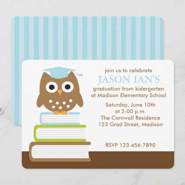 Invitation Bleu Owl Boys Graduation Party (Devant / Derrière)