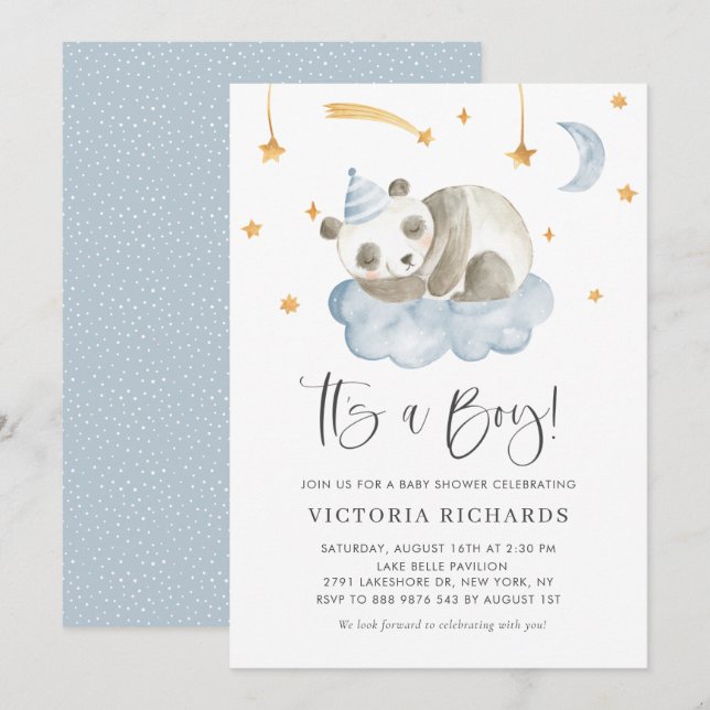 Invitation Bleu Panda couché mou C'est un Baby shower garçon (Devant / Derrière)