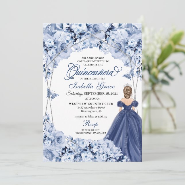 Invitation Bleu papillon Princesse Tiara Gown Quinceañera (Debout devant)