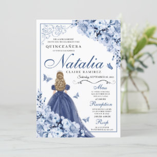 Invitation Bleu papillon Princesse Tiara Quinceañera