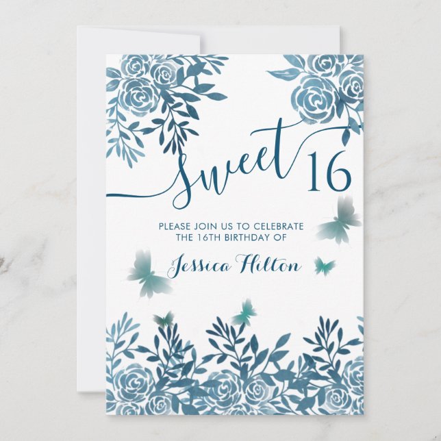 Invitation Bleu papillon sweet sixteen fleuri (Devant)