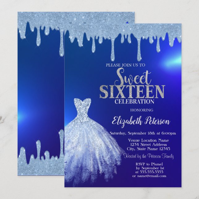 Invitation Bleu Parties scintillant, Robe Bleu Doux 16 (Devant / Derrière)
