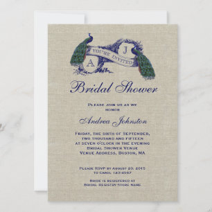 Invitation Bleu Peacock Rustique Lin Fête des mariées