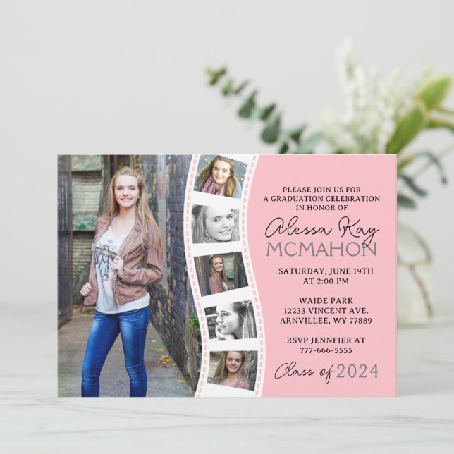 Invitation Bleu Pink & White Filmstrip 6 Diplôme photo (Debout devant)