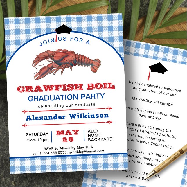 Invitation Bleu Plaid Crawfish Bouille Graduation BBQ Party (Créateur téléchargé)
