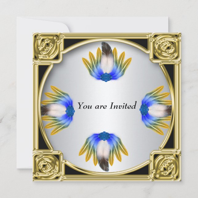 Invitation Bleu Plumes Argent Or Frame (Devant)