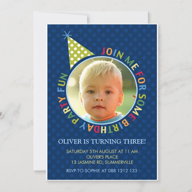 Invitation Bleu Pois amusant Enfants Photo Anniversaire Invit (Devant)