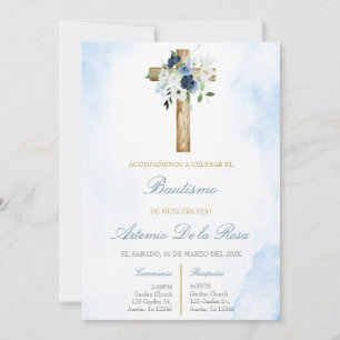 Invitation Bleu poussiéreux avec croix de baptême