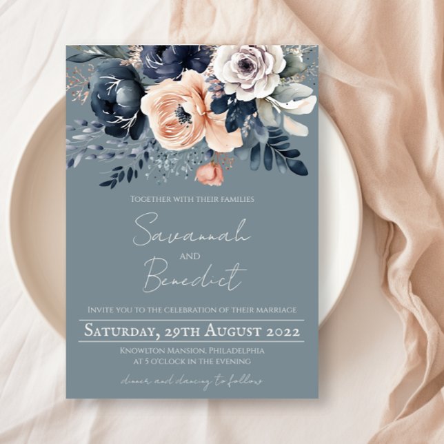 Invitation Bleu poussiéreux avec Pêche et aquarelle marine Fl (Créateur téléchargé)