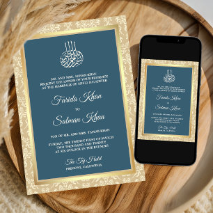 Invitation Bleu Poussiéreux Crème Damas Islamique Mariage Mus