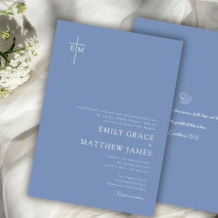 Invitation Bleu Poussiéreux Croix Chrétienne Monogrammée Mode