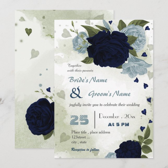Invitation bleu poussiéreux et fleurs marines verdure mariage (Devant / Derrière)