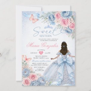 Invitation Bleu poussiéreux et floral rose Princesse Sweet Se