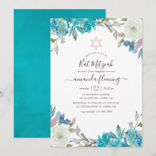 Invitation Bleu poussiéreux et floral turquoise Bar Mitzvah