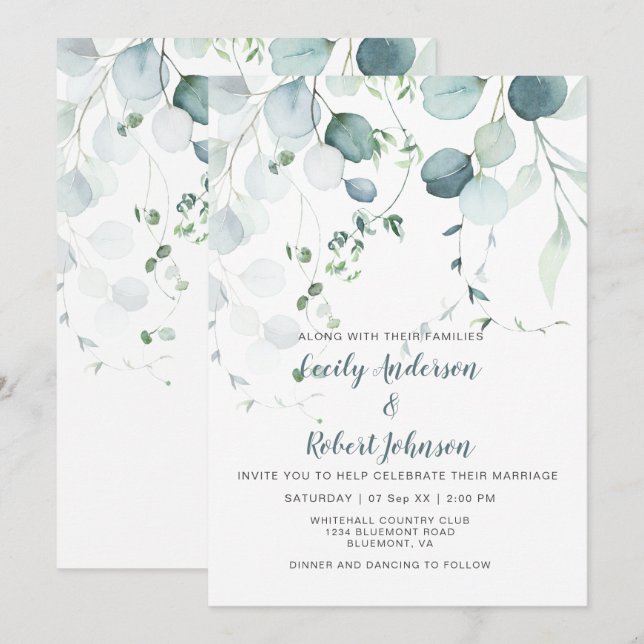 Invitation Bleu Poussiéreux & Eucalyptus Vert Sauge sur Fond  (Devant / Derrière)