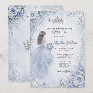 Invitation Bleu Poussiéreux Fleur Princesse SWEET 16 Argent