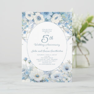 Invitation Bleu Poussiéreux Fleurs Aquarelle 5ème Anniversair