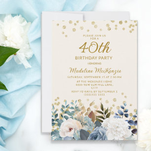 Invitation Bleu Poussiéreux Fleurs Blanches Or 40e Anniversai