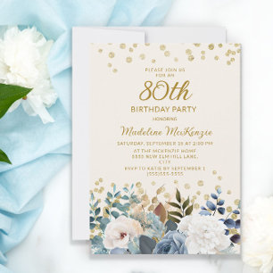 Invitation Bleu Poussiéreux Fleurs Blanches Or 80e Anniversai
