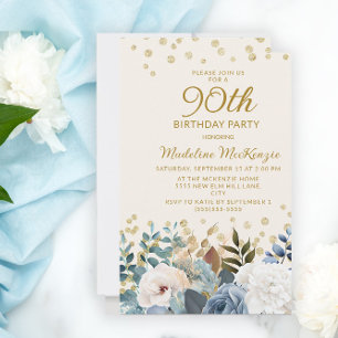 Invitation Bleu Poussiéreux Fleurs Blanches Or 90e Anniversai