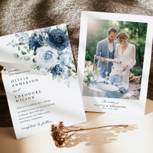 Invitation Bleu Poussiéreux Fleurs de Marine Élégant Fond de