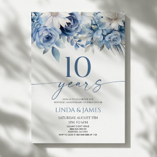 Invitation Bleu Poussiéreux Floral 10e Anniversaire de Mariag