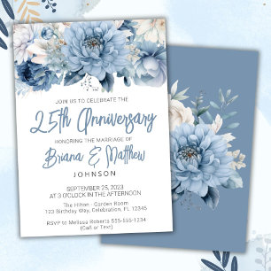 Invitation Bleu Poussiéreux Floral 25e Anniversaire de Mariag