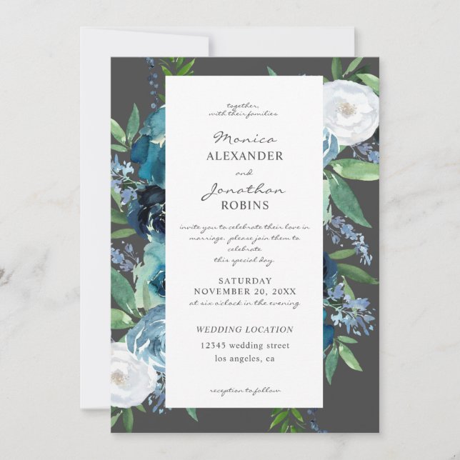 Invitation Bleu Poussiéreux Floral 2 Gris Mariage (Devant)