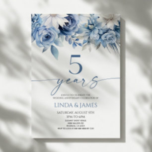 Invitation Bleu Poussiéreux Floral 5ème Anniversaire de Maria