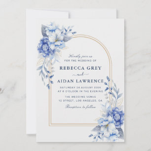 Invitation Bleu Poussiéreux Floral Or Courbé Art Aquarelle