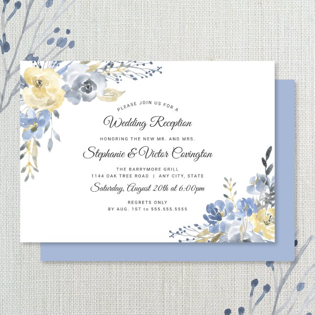 Invitation Bleu poussiéreux floral réception de mariage uniqu (Créateur téléchargé)