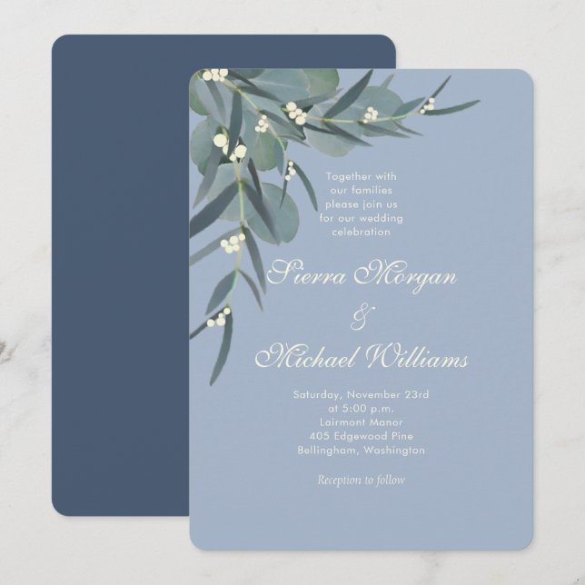 Invitation Bleu poussiéreux | Mariage botanique à l'eucalyptu (Devant / Derrière)