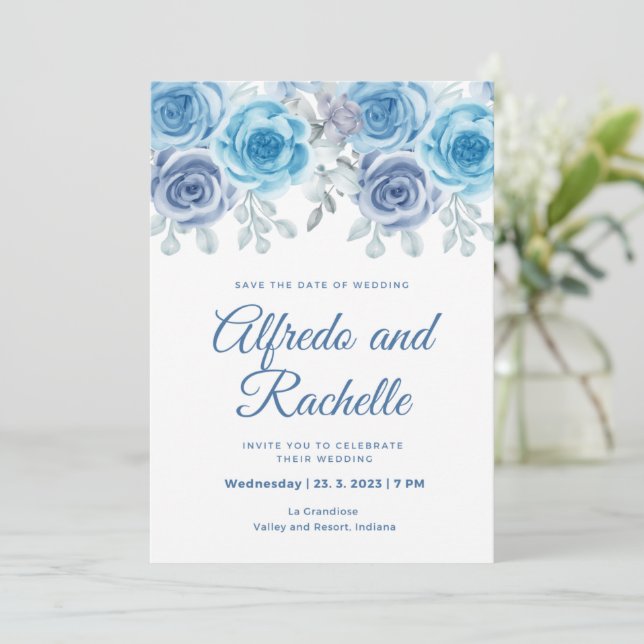 Invitation bleu poussiéreux mariage peony rose floral mariage (Debout devant)