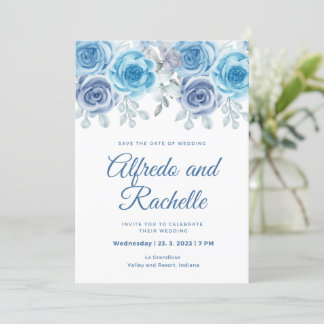 Invitation bleu poussiéreux mariage peony rose floral mariage
